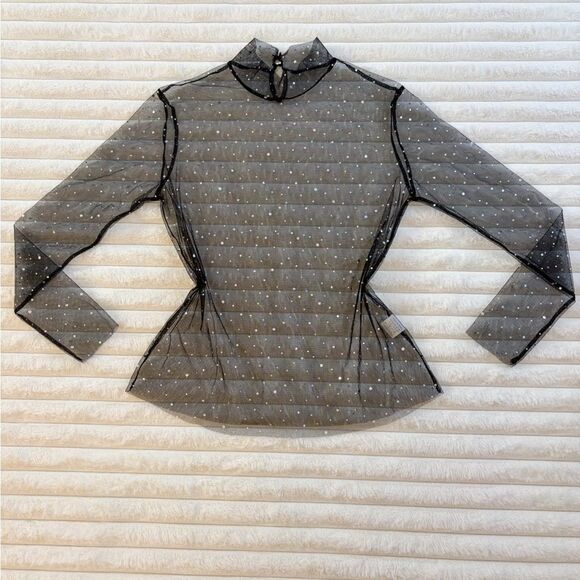 Unbranded Tops - Black Sheer Rhinestone Mesh Top Long Sleeve Sparkly High Neck Size S